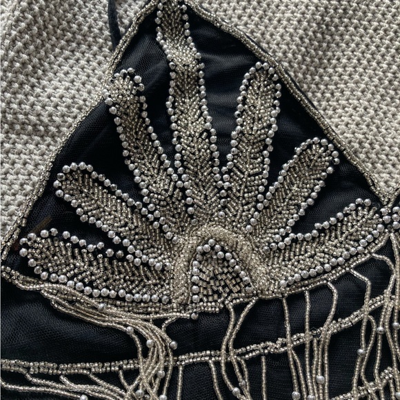 Black and Silver Beaded Festival Bellydance Crop Top with Beaded Fringe Medium - Picture 4 of 7